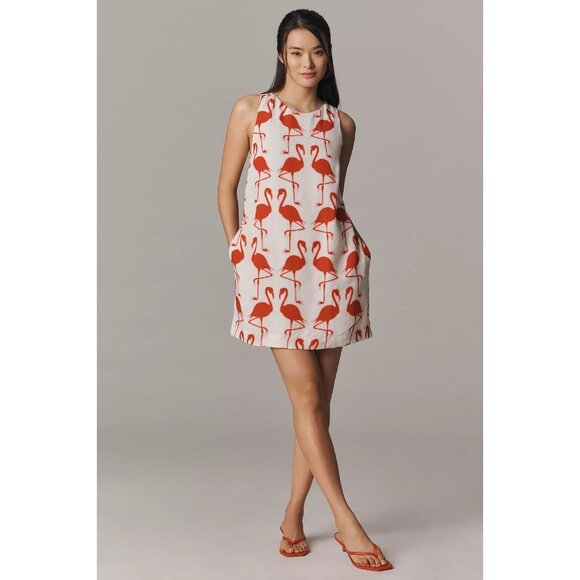 Maeve Sleeveless Linen Blend Printed Shift Mini Dress Flamingo Print L - Picture 3 of 3